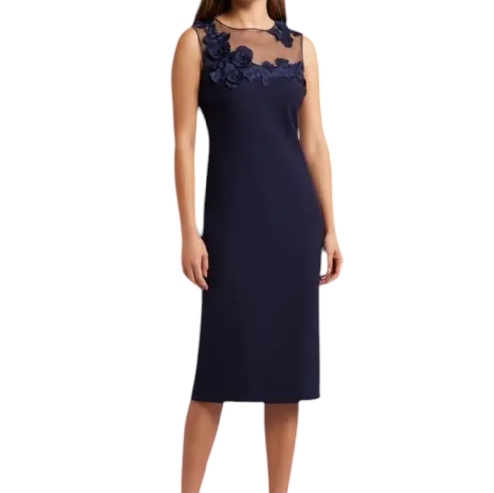 Vince Camuto Floral Navy Embroidery Crepe Sheath Dress... Size 12